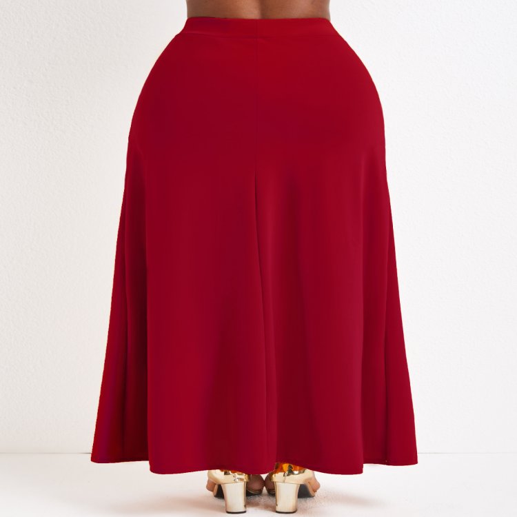 Pocket Wine Red Drawastring A Line Maxi Skirt