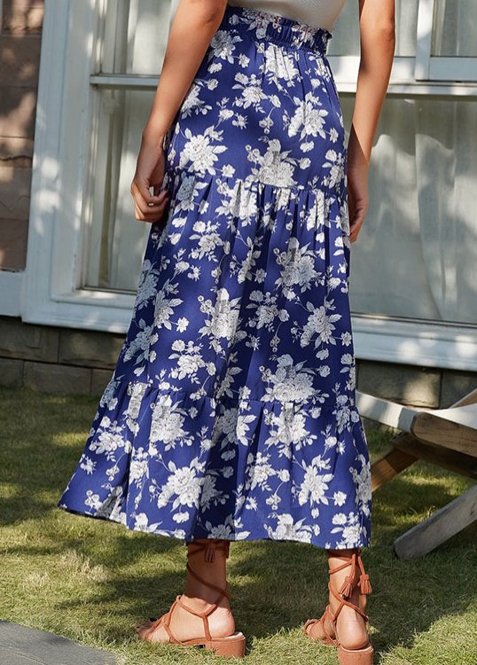 Split Floral Print Dark Blue Elastic Waist Skirt