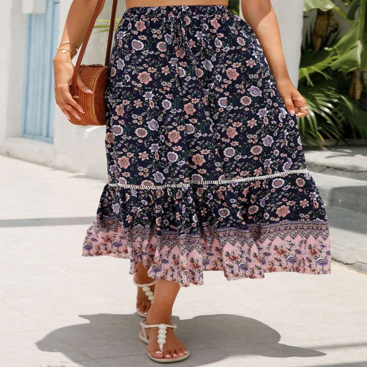 Patchwork Floral Print Multi Color Maxi Skirt