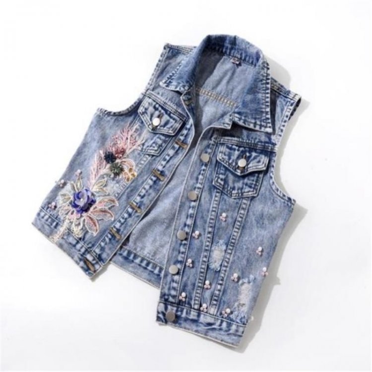 Women Denim Vest Jacket New Autumn Embroidery Beads Sleeveless Vintage Hole Jeansjacket Overcoat Female Tops Waistcoat Outerwear