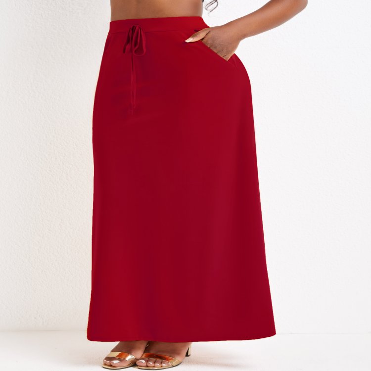 Pocket Wine Red Drawastring A Line Maxi Skirt