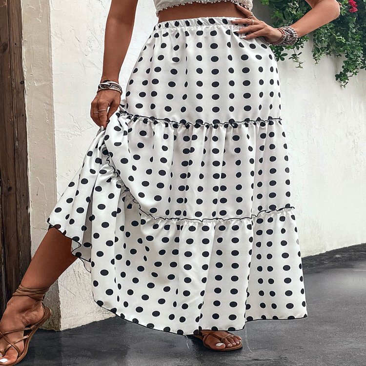 Ruched Polka Dot White Elastic Waist Skirt