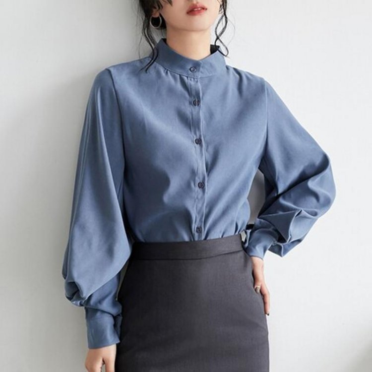 Spring Autumn Korea Fashion Women Retro Lantern Sleeve Loose Shirts Stand Collar White OL Shirt Blouse Female Blusas Mujer S268