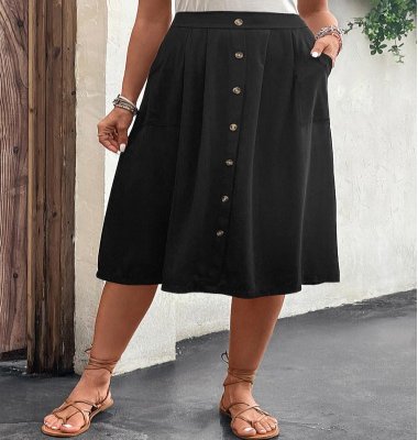 Button Black Elastic Waist A Line Skirt