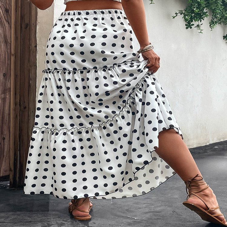 Ruched Polka Dot White Elastic Waist Skirt