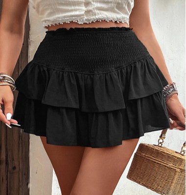 Smocked Black Short Elastic Waist A Line Skirt