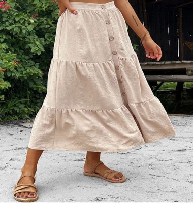 Button Beige Elastic Waist A Line Skirt