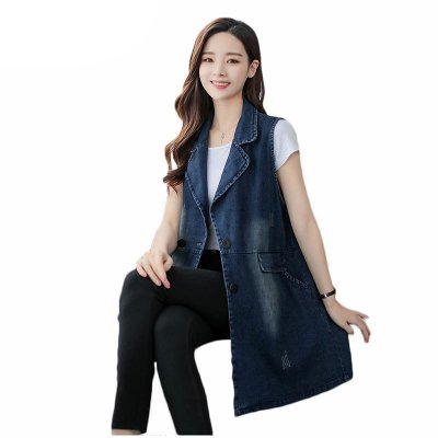 Spring New Hot Streewear Denim Jeans Waistcoat Basic Jackets Casual Sleeveless Vest Coats Femme Long Lapel Cardigan Coats f050