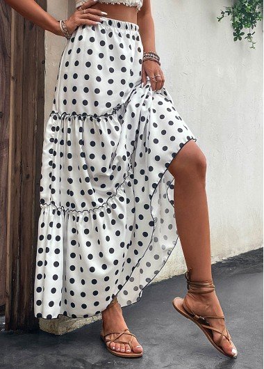 Ruched Polka Dot White Elastic Waist Skirt