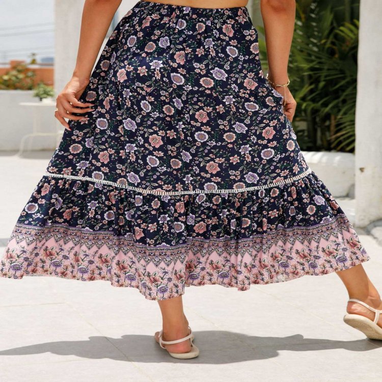 Patchwork Floral Print Multi Color Maxi Skirt