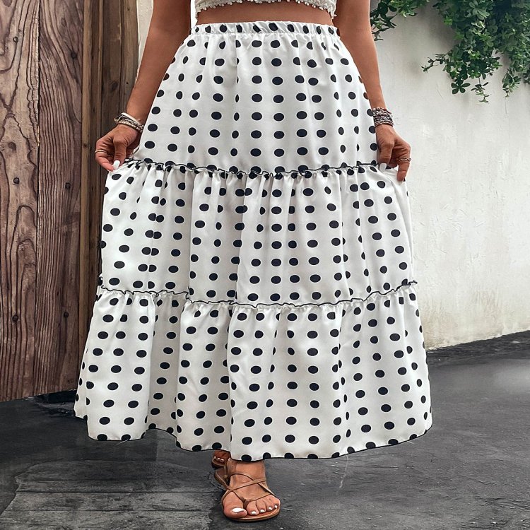 Ruched Polka Dot White Elastic Waist Skirt