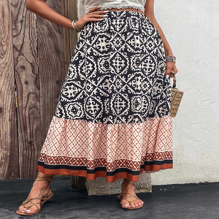 Patchwork Tribal Print Multi Color Maxi Skirt