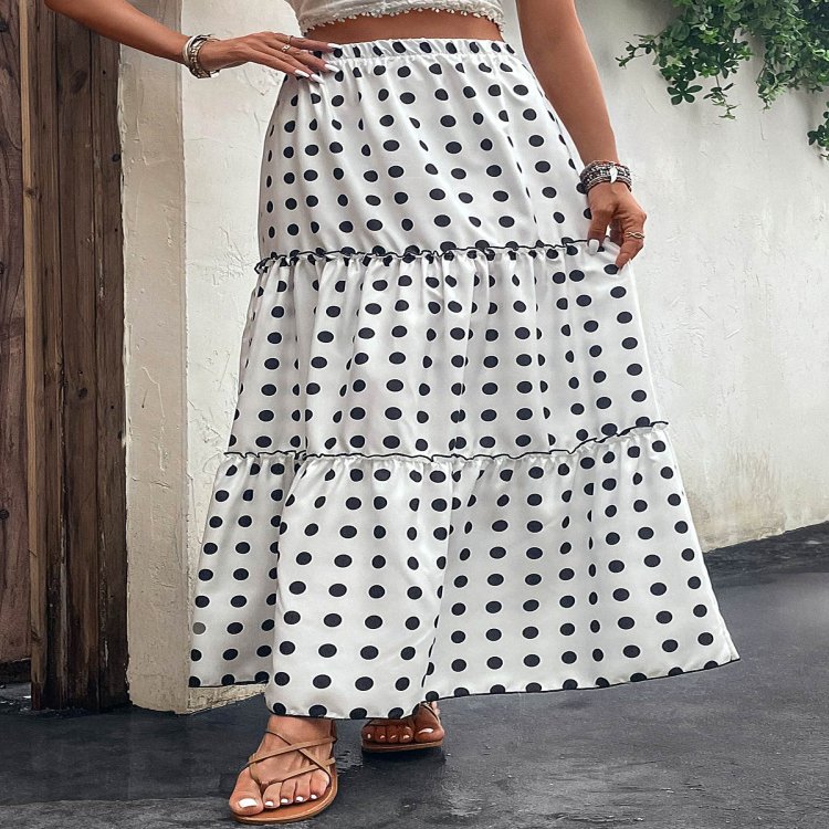 Ruched Polka Dot White Elastic Waist Skirt