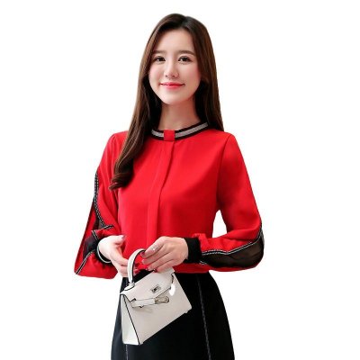 Bluse 2020 Elegant Slim Chiffon Blouse Stand Collar Lantern Long sleeved Women Chiffon Shirt